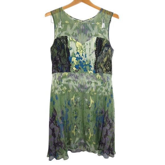 Vessel by Timo  Flowy 100% Silk Green Abstract Print Lace Inset Dress Size 12 - Picture 10 of 12